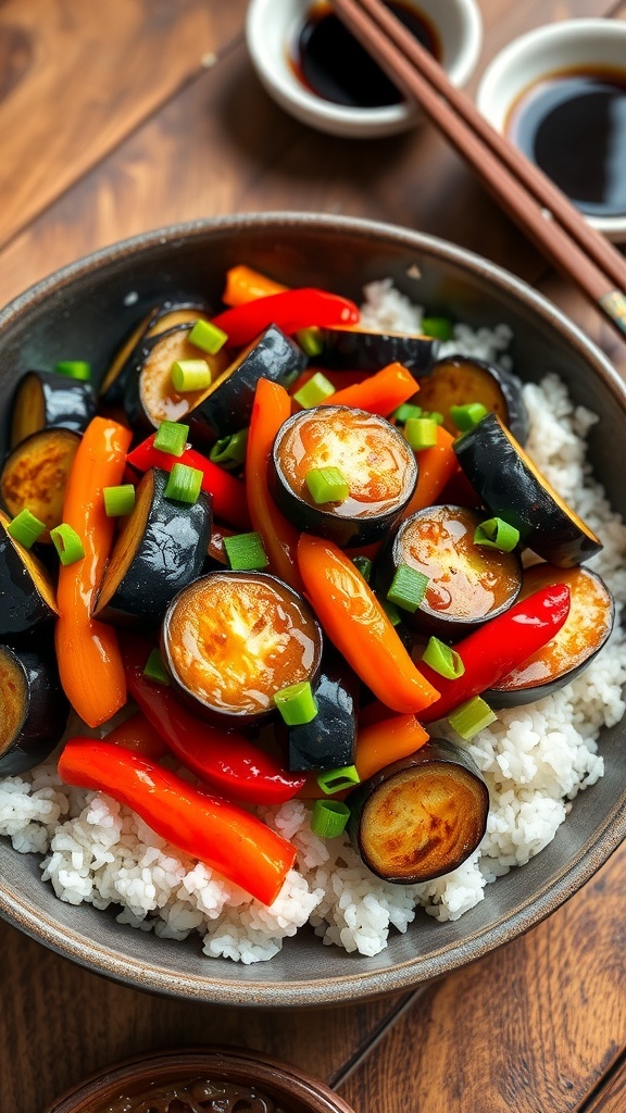 A colorful eggplant stir-fry with bell peppers served over rice, garnished with green onions.